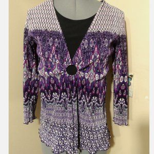 NOTATIONS Ring front Layered look Blouse S Purple Pink Scarf print ScoopNeck top